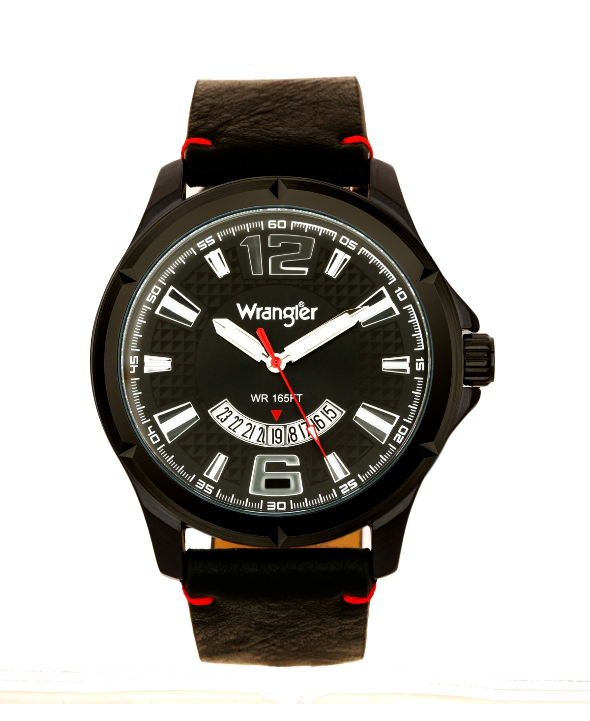 Men's Watch, 48MM Ip Black Case, Black Zoned Dial with White Markers and Crescent Cutout , Date Function, Black Strap with Red Accent Stitch