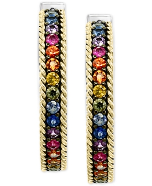 image of Effy Multi-Sapphire Hoop Earrings (2-1/10 ct. t.w.) in Sterling Silver & 18k Gold