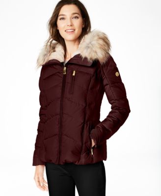 calvin klein short puffer coat with faux fur hood