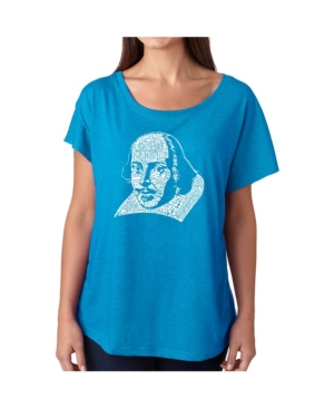 image of La Pop Art Women-s Dolman Cut Word Art Shirt - The Titles of All of William Shakespeare-s Comedies and Tragedies