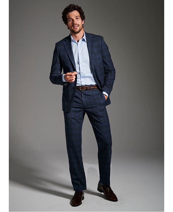 Calvin Klein Men's X SlimFit Stretch Navy Plaid Suit Separate Jacket