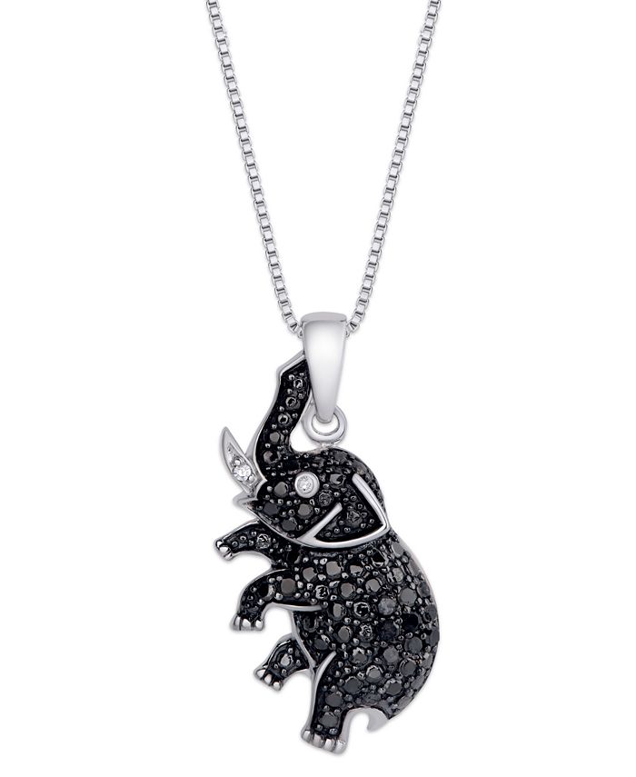 Macy's - Black and White Diamond (1/10 ct. t.w.) Elephant Pendant Necklace in Sterling Silver