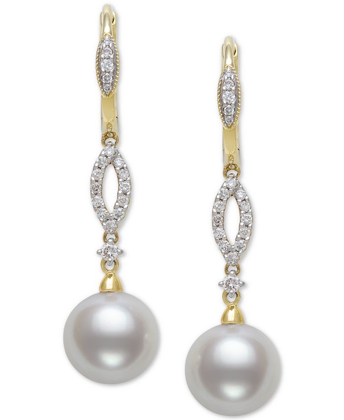Belle de Mer - Cultured Freshwater Pearl (9mm) & Diamond (1/4 ct. t.w.) Drop Earrings in 14k Gold