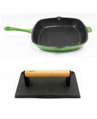 BergHOFF - Neo Cast Iron 2pc Grill Set: Grill Pan & Bacon/Steak Press, Green