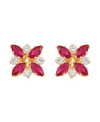 Macy's - Ruby (1-1/3 ct. t.w.) and White Topaz (1/3 ct. t.w.) Flower Cluster Earrings in 10k Yellow Gold