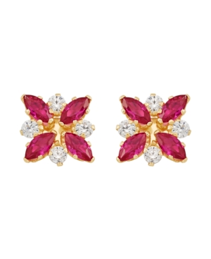 image of Certified Ruby (1-1/3 ct. t.w.) and White Topaz (1/3 ct. t.w.) Flower Cluster Earrings in 10k Yellow Gold