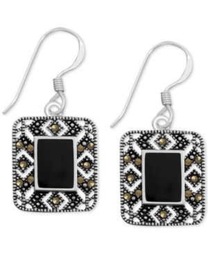image of Onyx (7 x 9mm) & Swarovski Marcasite Drop Earrings in Fine Silver-Plate