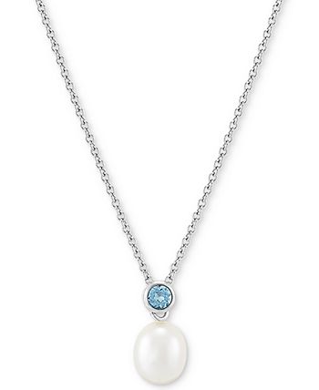 Macy's - 2-Pc. Set Cultured Freshwater Pearl (7-1/2 & 8-1/5mm) & Blue Topaz (1/2 ct. t.w.) Pendant Necklace & Matching Stud Earrings in Sterling Silver