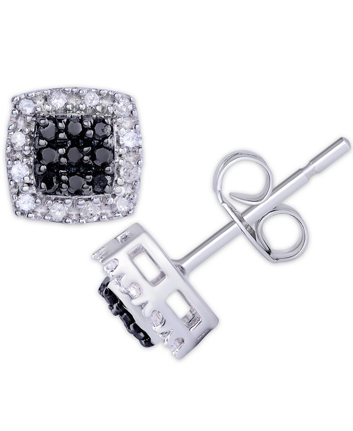 Macy's - Black and White Diamond (1/3 ct. t.w.) Cushion Square Stud Earrings in Sterling Silver