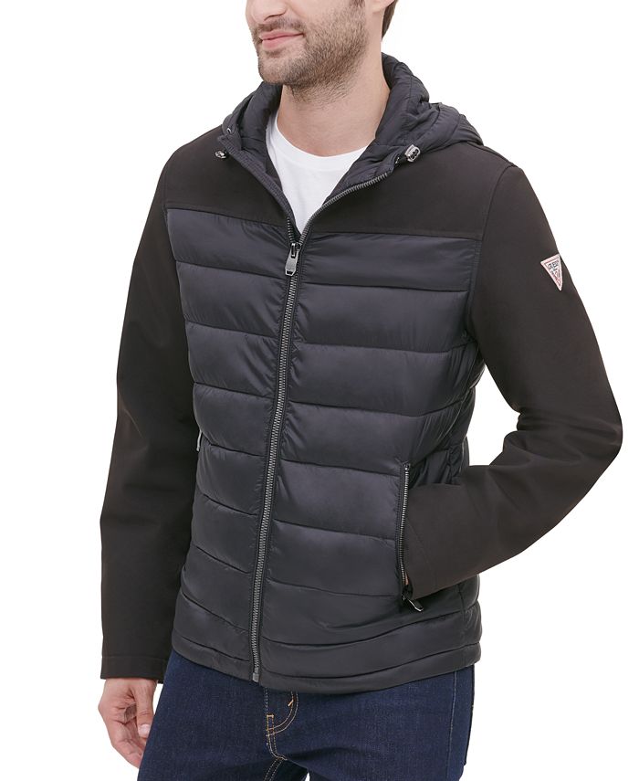 GUESS Men's Mixed Media Hooded Puffer Jacket Macy's
