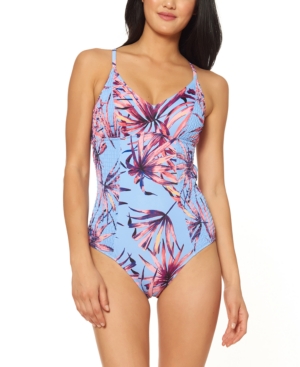 image of Jessica Simpson Palmy Days Printed Smocked-Sides One-Piece Swimsuit Women-s Swimsuit