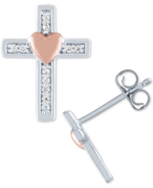image of Diamond Accent Cross Stud Earrings in Sterling Silver & Rose Gold-Plate