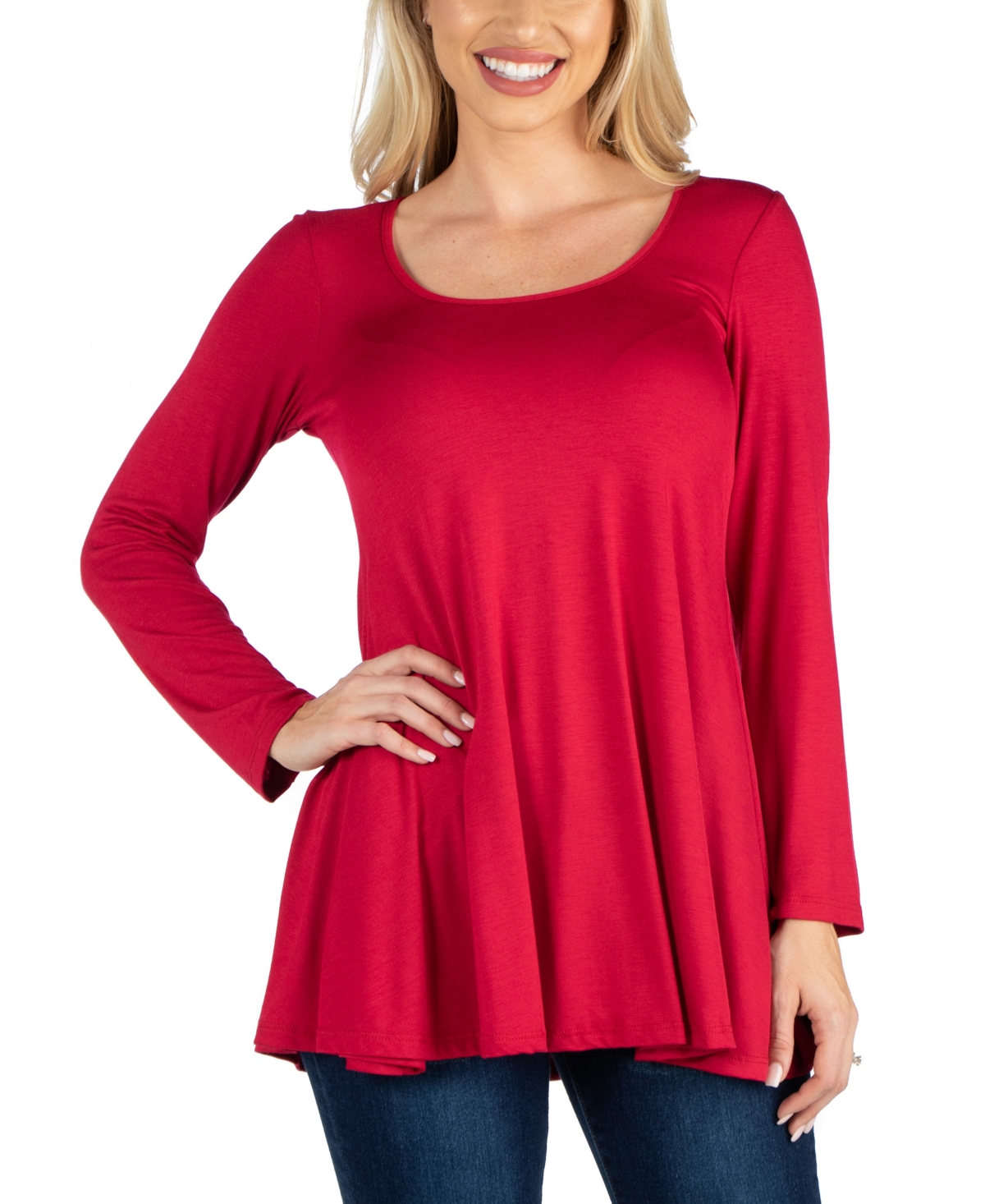 Long Sleeve Solid Color Swing Style Flared Tunic Top - Rust