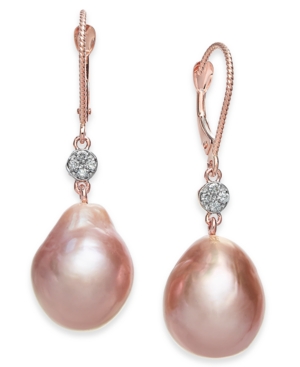 image of Cultured Pink Baroque Freshwater Pearl (12mm) & Diamond (1/20 ct. t.w.) Drop Earrings in 14k Rose Gold