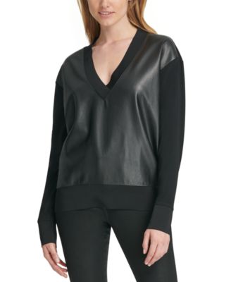 DKNY - Faux-Leather V-Neck Sweater