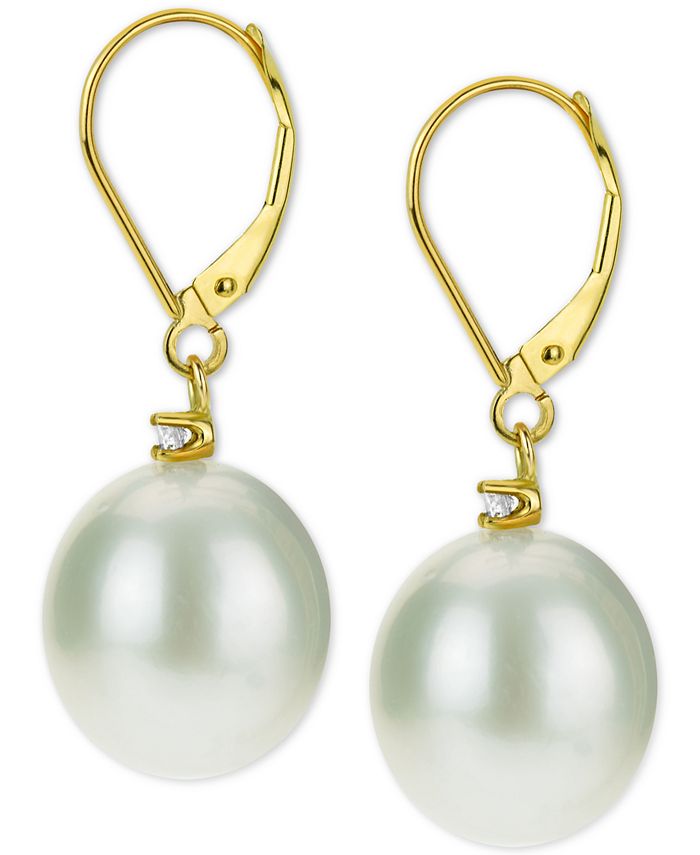 Macy's - Cultured Baroque Freshwater Pearl (12mm) & Diamond (1/20 ct. t.w.) Drop Earrings in 14k Gold