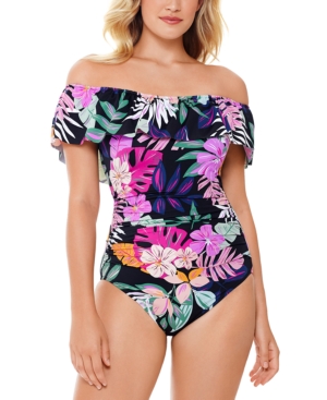 image of Swim Solutions Deco Printed Off the Shoulder Ruffle Tummy Control One-Piece Swimsuit, Created for Macy-s Women-s Swimsuit