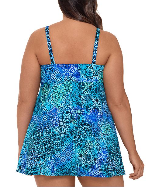 Swim Solutions Plus Size Santorini Printed Keyhole Tummy Control