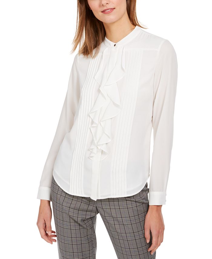 Calvin Klein Petite Ruffle Front Tuxedo Button Up Shirt Macy s
