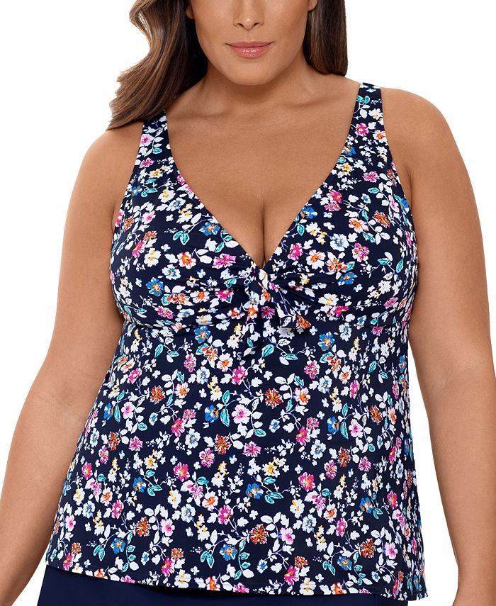 Swim Solutions Plus Size Vintage Daisy Printed Bow-Front Tankini Top ...