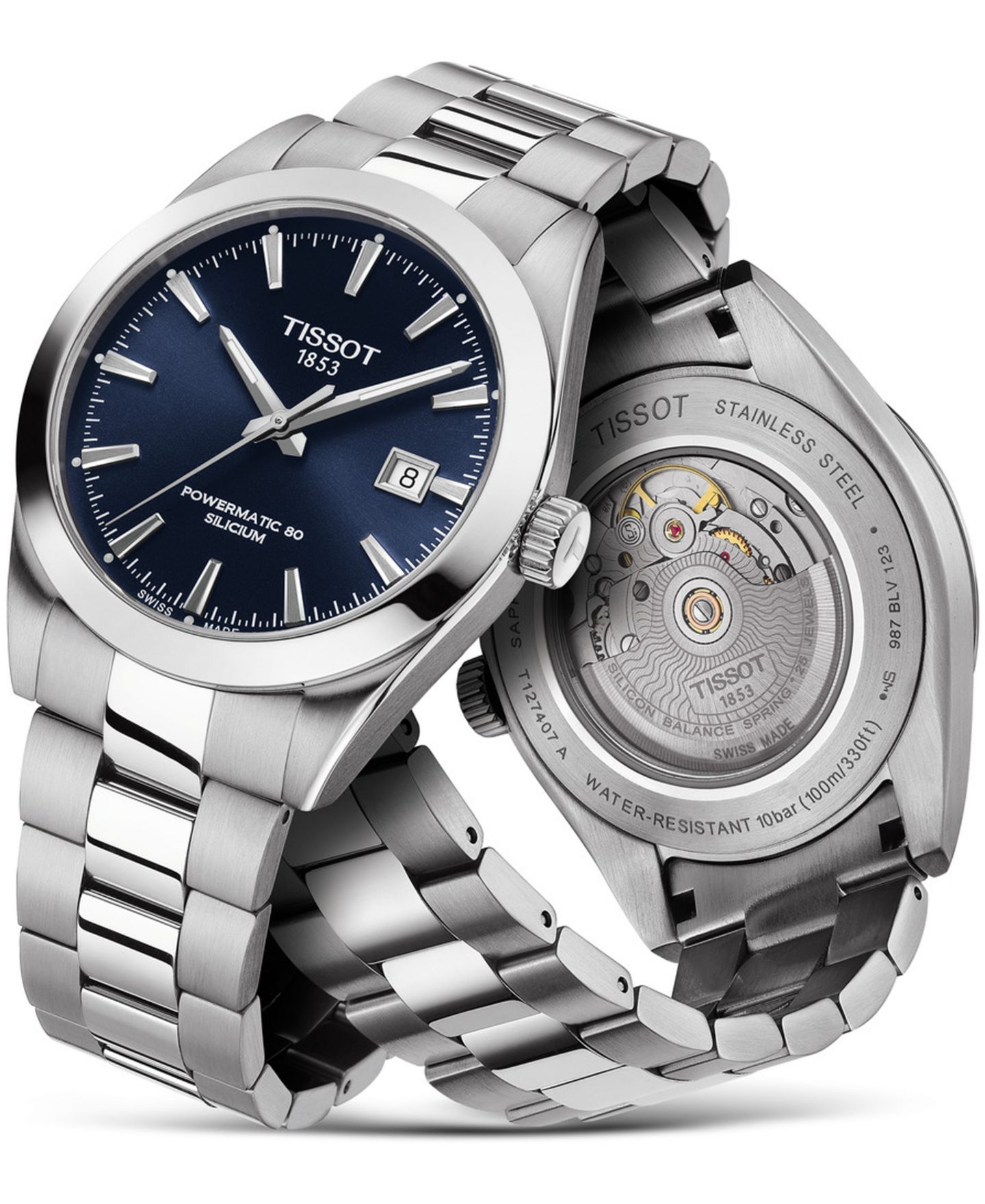Мужские часы Tissot Swiss Automatic T-Classic Gentleman Powermatic 80 Silicium Stainless Steel Bracelet Watch 40mm — фото 10