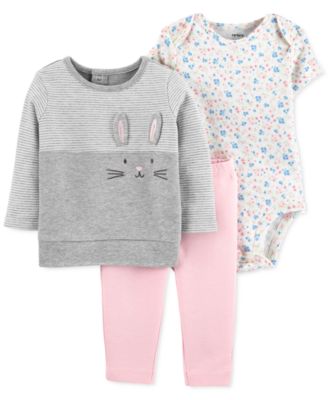 Carter's - Baby Girls 3-Pc. Cotton Bunny Top, Floral-Print Bodysuit & Pants Set