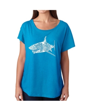 La Pop Art Women's Dolman Cut Word Art Shirt - Species of Shark