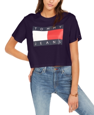 image of Tommy Jeans Cropped Cotton Flag Logo T-Shirt