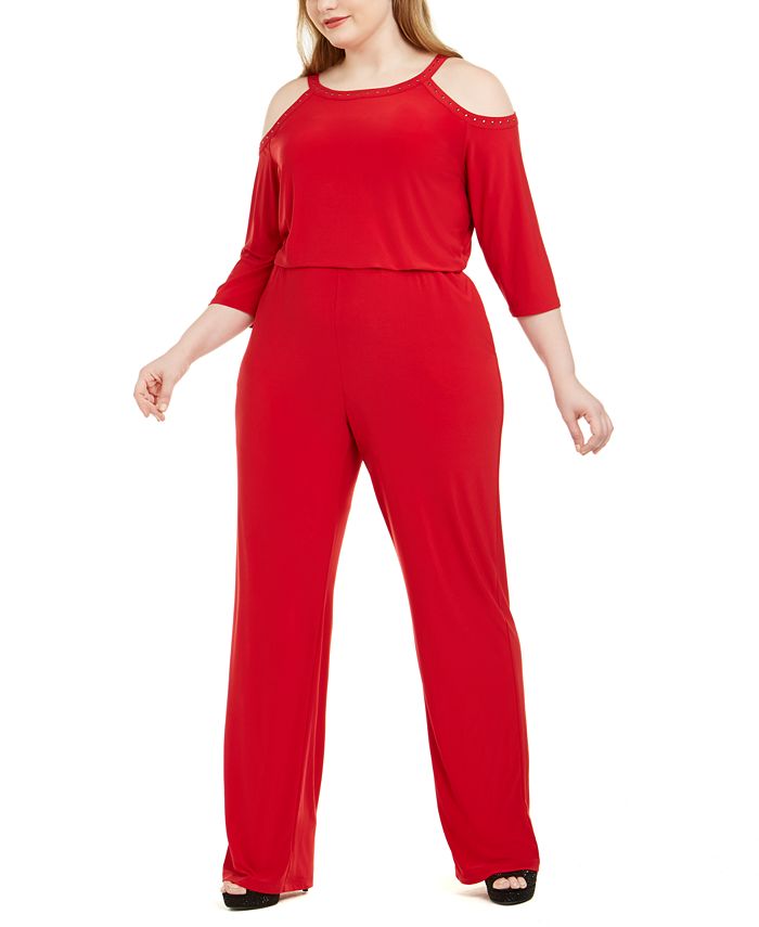 NY Collection Plus Size Embellished Cold-Shoulder Jumpsuit - Macy's