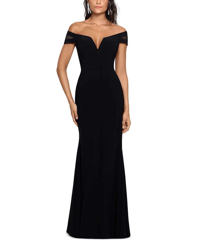 XSCAPE Off-The-Shoulder Illusion-Sleeve Gown - Macy's