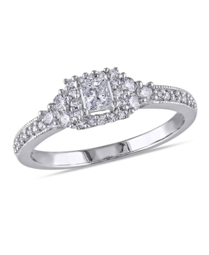 image of Princess and Round Certified Diamond (1/2 ct. t.w.) Halo Engagement Ring in 14k White Gold