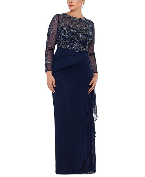 Illusion Neck Gowns with Lace Bodice Slate Blue Plus Size