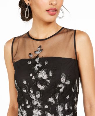 Tahari ASL Sequined-Flower Illusion Dress