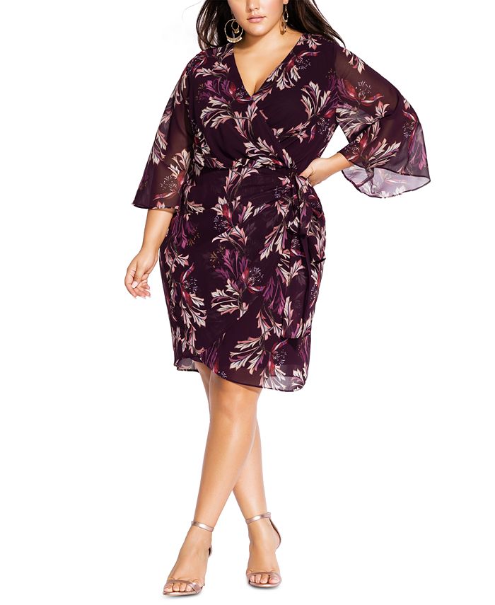 City Chic Trendy Plus Size Opulent Vine Floral-Print Faux-Wrap Dress ...