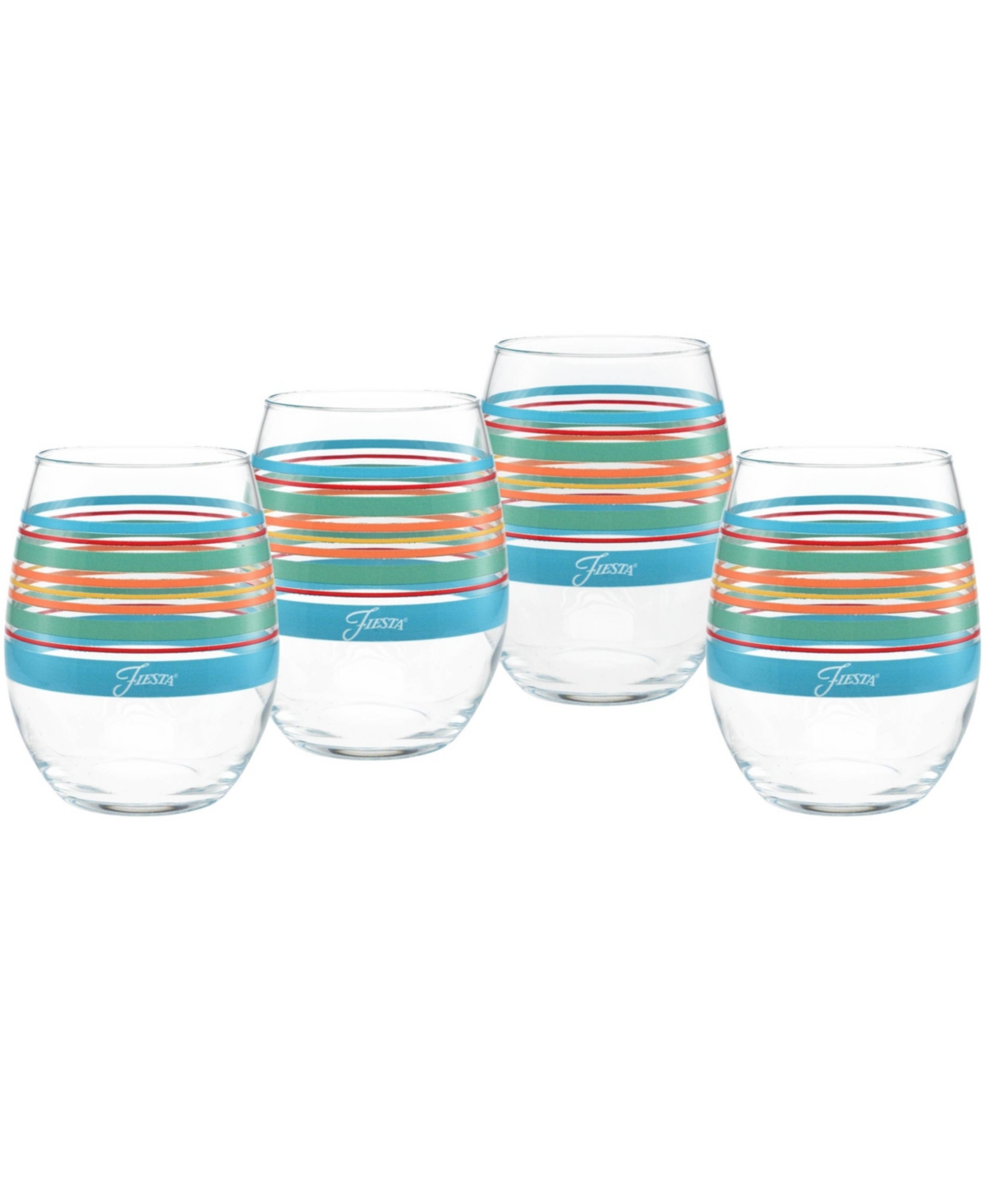 Shop Fiesta Rainbow Radiance Stripes 15-ounce Stemless Wine Glass Set Of 4 In Poppy,daffodil,turquoise,scarlet,mea