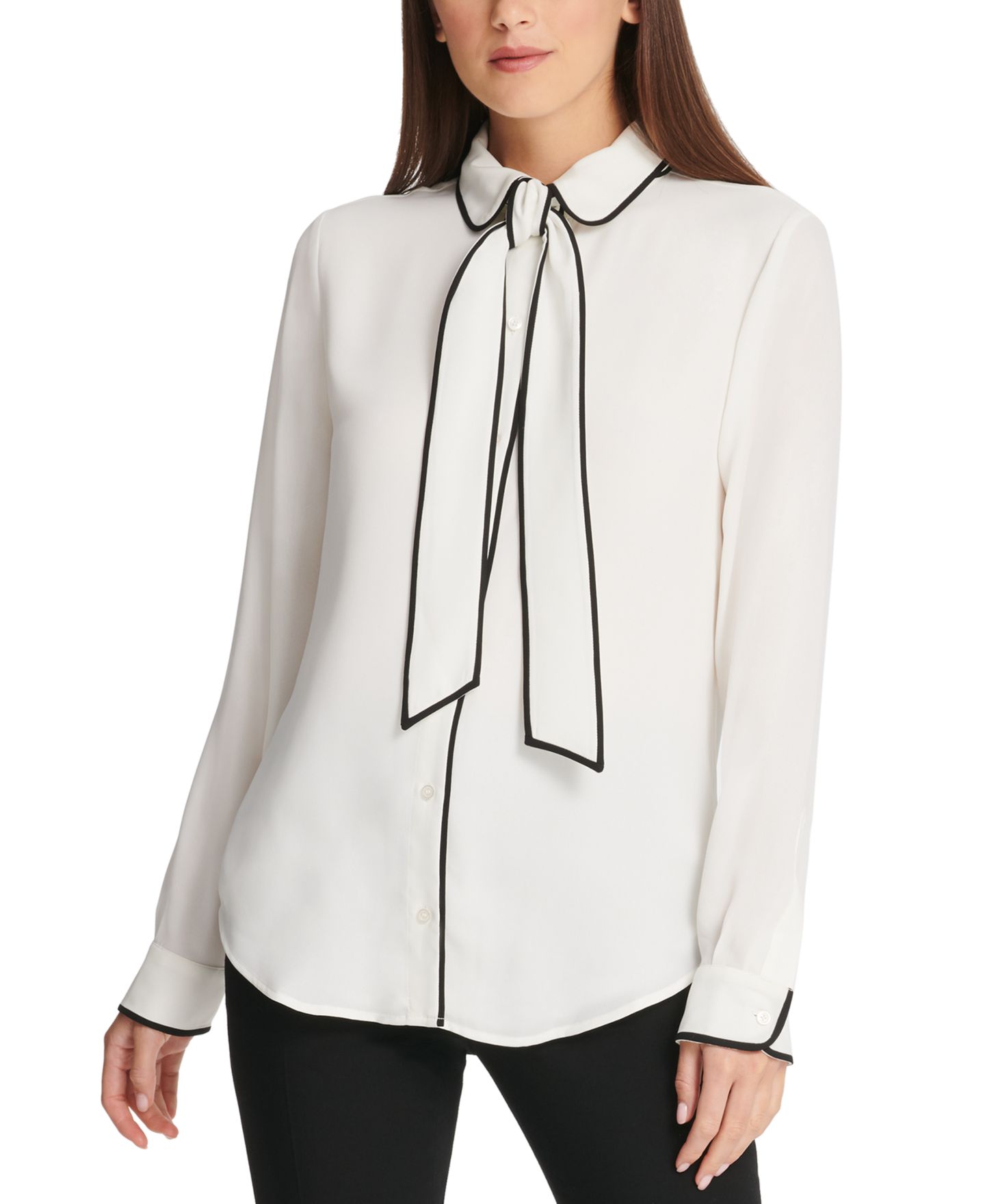 Женская блузка DKNY Petite Piped-Trim Button-Up Blouse, цвет: Льняной белый / Чёрный — фото 1