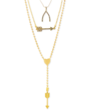 image of Steve Madden Gold-Tone Pave Wishbone & Arrow Convertible Layered Lariat Necklace