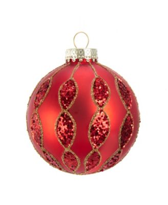 Kurt Adler - 80MM Red with Glitter Pattern Glass Ball Ornaments, 6 Piece Box