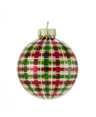 Kurt Adler - 80MM Red and Green Plaid Glass Ball Ornaments, 6 Piece Box