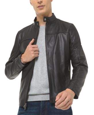Michael Kors Men's Leather Racer Jacket, Created for Macy's & Reviews ...