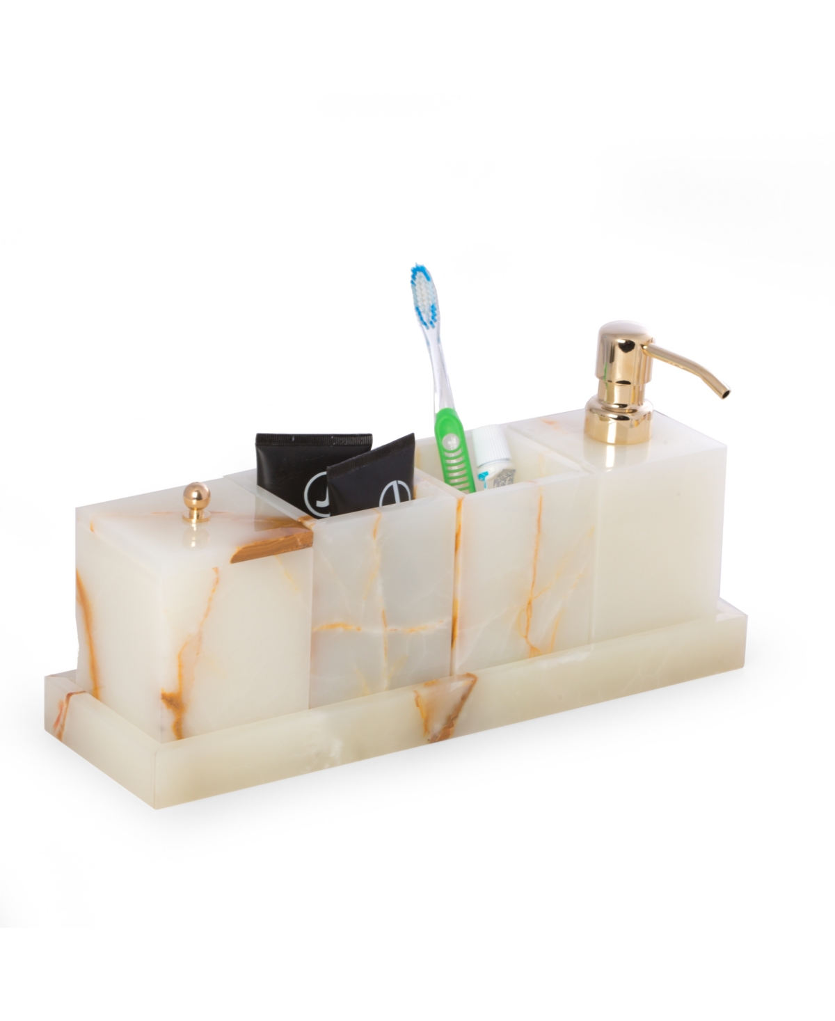 Vanity 5 Piece Marble Onyx Set with 2 Tumblers, 1 Canister with Lid, 1 Dispenser and 1 Tray - Multi