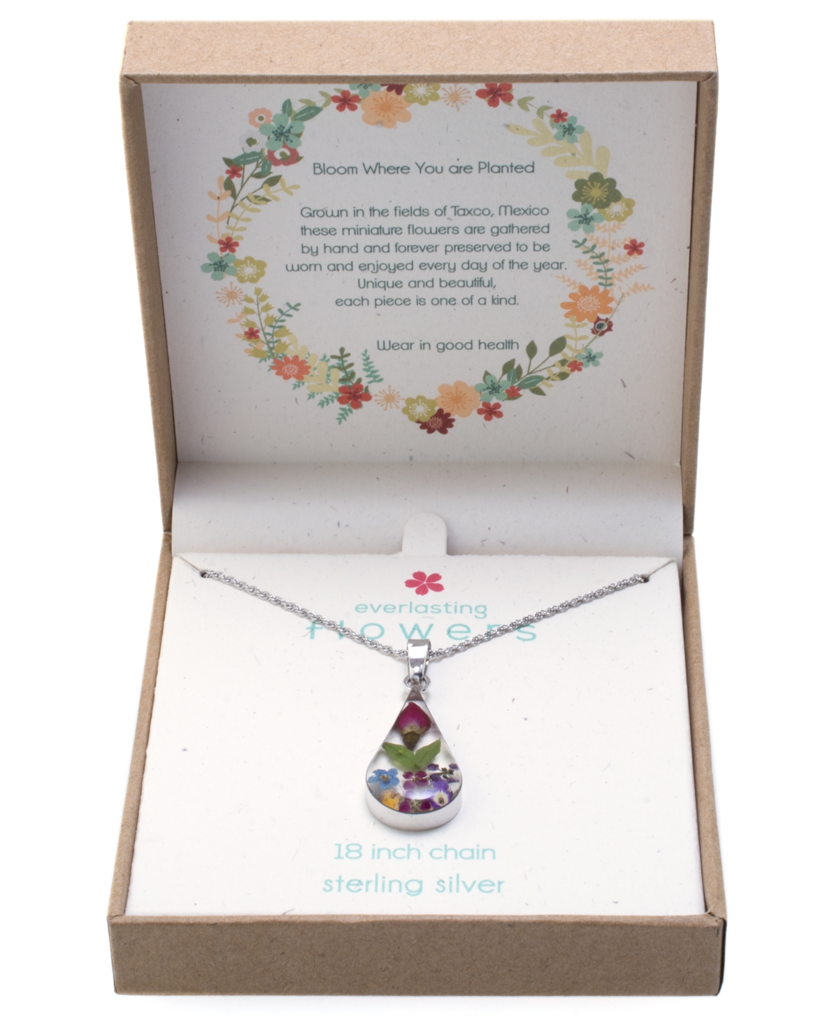 Medium Teardrop Dried Flower Pendant with Chain in Sterling Silver. Available  Blue or Yellow - MULTI
