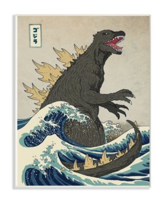 Godzilla in The Waves Eastern Poster Style Illustration Wall Plaque Art, 10" L x 15" H
