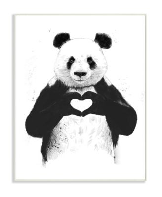 Black and White Panda Bear Making A Heart Ink Illustration Wall Plaque Art, 10" L x 15" H