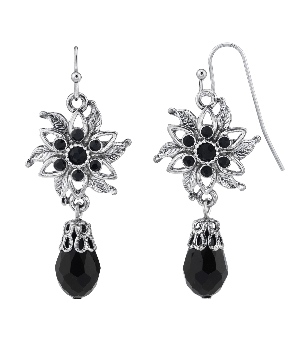 2028 Silver-tone Flower Drop Earrings In Black