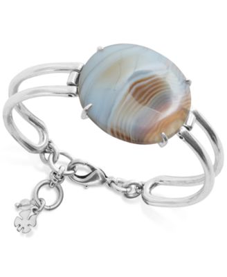 Lucky Brand - Silver-Tone Brown Lace Agate Stone Two-Row Cuff Bracelet