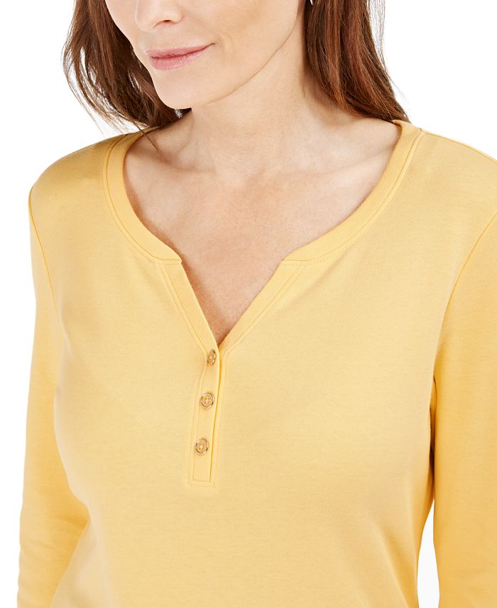 Karen Scott Womens Cotton Henley Top Yellow Size Xl