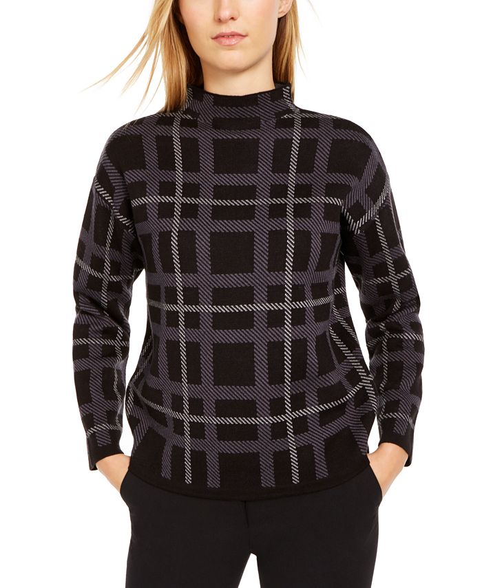 Plaid mock shop neck sweater