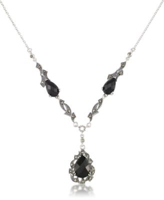 Macy's - Marcasite and Faceted Onyx Teardrop Pendant+18" Chain in Sterling Silver