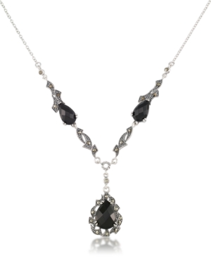 image of Marcasite and Faceted Onyx Teardrop Pendant+18